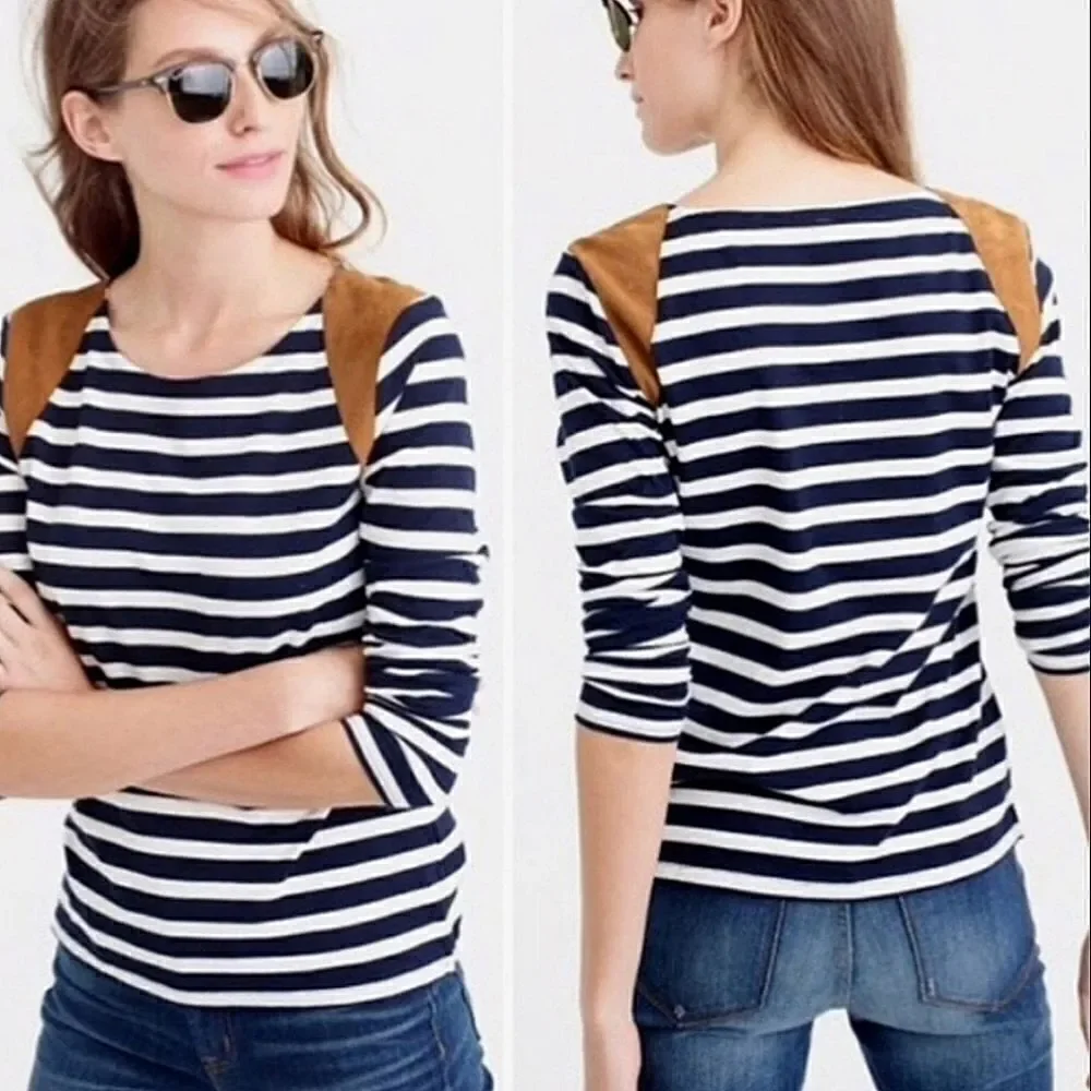 J.Crew Women's Crewneck Yellow Stripe Suede Shoulder Long Sleeve Pullover Top
